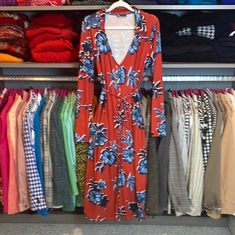 Zara dark terracotta/blue floral long sleeve v neck belted midi dress size S